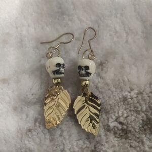 Gold and White Skull Leaf Earrings